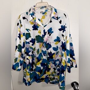 Alia White Button-Front Blouse with Blue, Green and Yellow Floral Print